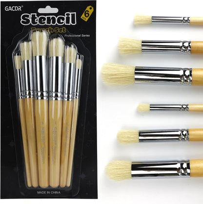 Wooden Stencil Brush Set, 6 Pieces Natural Hog Bristle Dome Stencil Brushes for Painting On Wood Wall, Stencil Projects, Card Making, DIY, Crafts and Acrylic Oil Watercolor Painting…