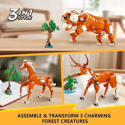 Creator 3 in 1 Building Set, Rebuilds into 3 Different Safari Animal Figures- Tiger/Sika Deer/Horse, Compatible with Lego Sets for Boys 6+/8-14 (747pcs) - Crafty Corner