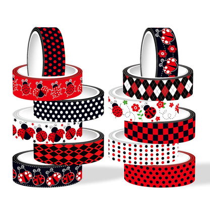 12 Rolls Insect Washi Tape, Seven Star Ladybug Masking Tape, Red Black Spots Decorative Tape for Journaling, Scrapbooking, DIY Crafts, Planner, Gift Wrapping, 16.4FT