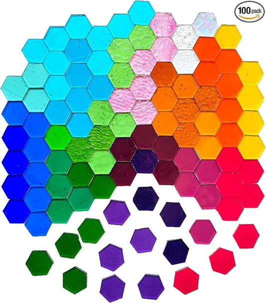 100 pcs Hexagon Transparent Stained Glass Pieces Mosaics Tiles for Crafts Bulk, Hand Precut Mosaic for Stained Glass Bee Honeycombs, Mosaic Kits for Adults