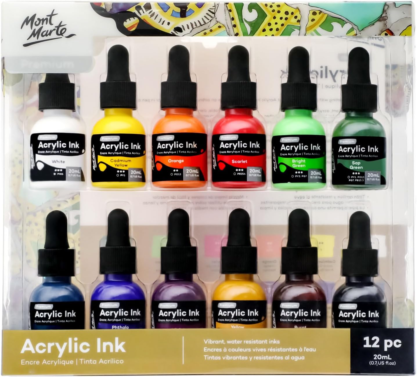 Mont Marte Acrylic Ink Premium 12pc x 20ml (0.7 US fl.oz), Acrylic Inks for Artists, Essential Colors, Ideal for Air Brush, Pouring Art, Scrapbooking, Ink Drawing, Mixed Media - Crafty Corner