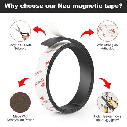Neodymium Magnetic Tape, Flexible Magnet Tape Strips Roll (1/2'' Wide x 3.3 ft Long) with Strong 3M Adhesive Backing, Magnetic Strips Heavy Duty Perfect for Wall, DIY, Art Projects & Fridge