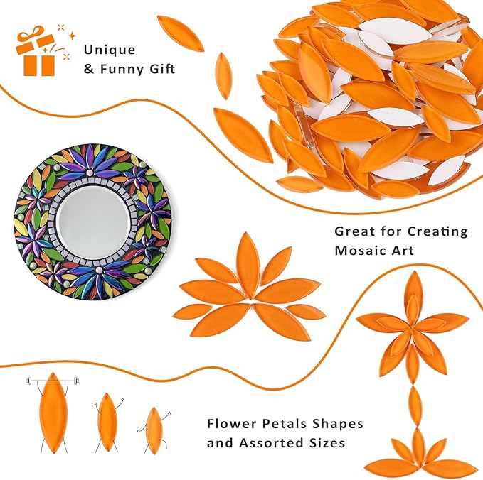 Youway Style Orange Leaf Mosaic Tiles for Crafts Bulk,200g Petal Mosaic Glass Pieces,Flower Glass Tiles for Christmas Mosaic Decorations,Garden Mosaic Supplies Kit