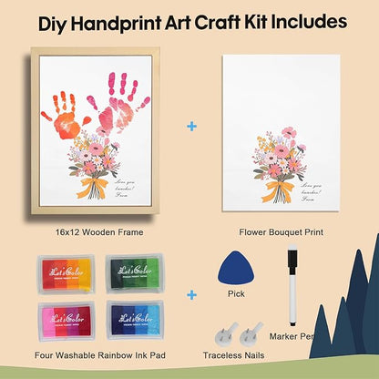 Bixinyo Flower Bouquet Handprint Kit, Mother's Day Gifts for Grandma, Mom, Grandparents from Daughter/Kids, Unique Gifts for Birthday Christmas, DIY Art Craft 12" X 16" Frame (Bow, Natural)