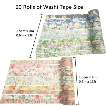Floral Washi Tape Set 20 Rolls 15mm Wide Flower Decorative Paper Tapes for Scrapbooking, Bullet Journal, Planner, DIY Crafts, Gift Wrapping