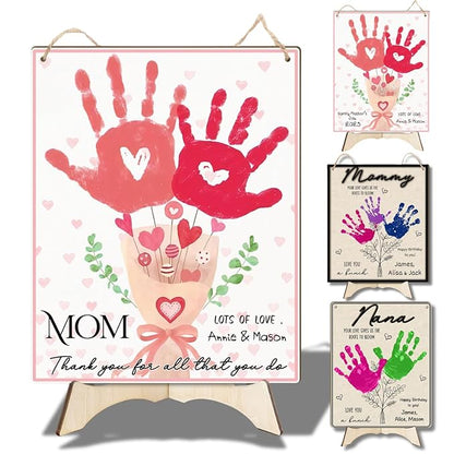 Mom Pink Floral Bouquet DIY Baby Handprints Art Craft Handprint Making Sign, Mothers Day Handprint Hanging, Mother's Day Birthday Gift from Kids Toddler Baby Gift for Mom, Children Toddler Keepsake