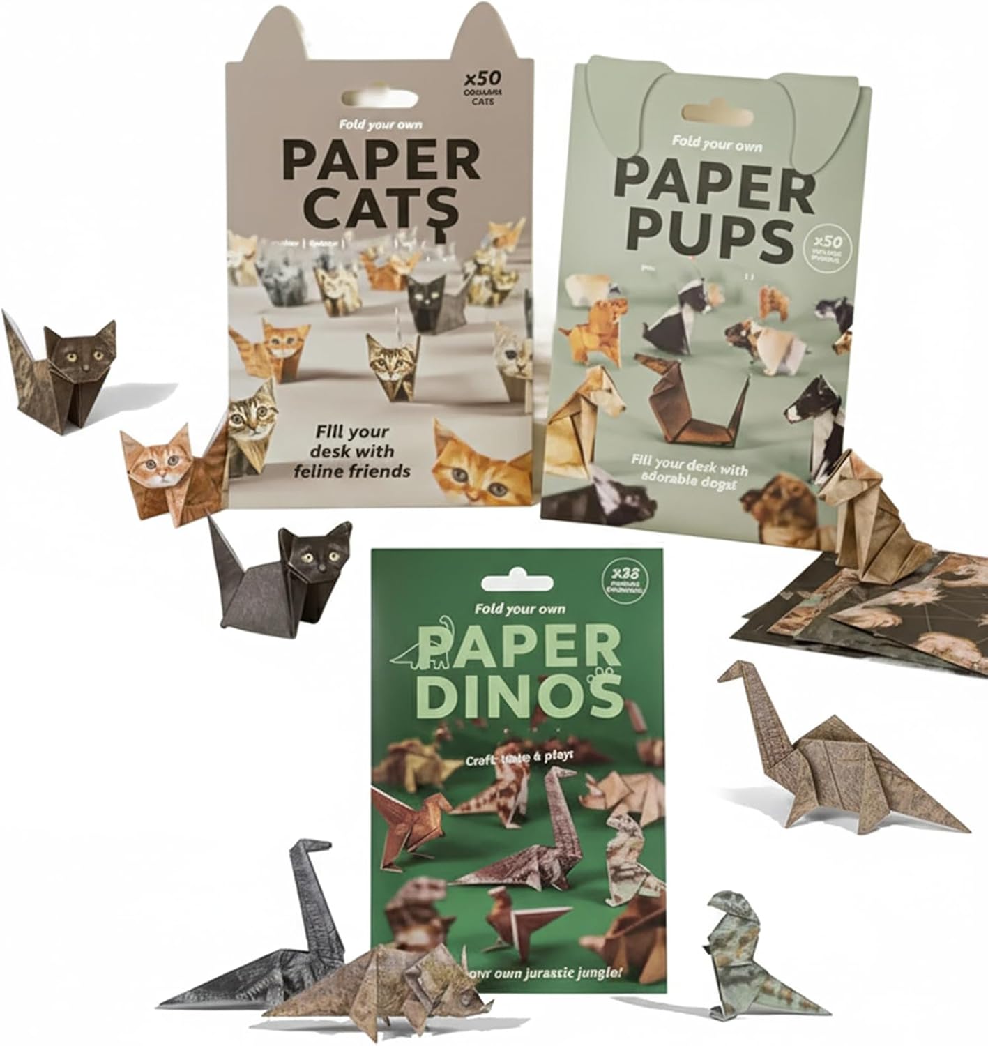 DIY Paper Cats Origami Kit - 50/30 Sheets DIY Paper Origami to Fold Your Own Cute Cat/Dog/Dino Figures - Perfect Desk Origami Cats Decoration & Creative Gift for Kids, Adults & Cat Lovers (Set of 3) - Crafty Corner