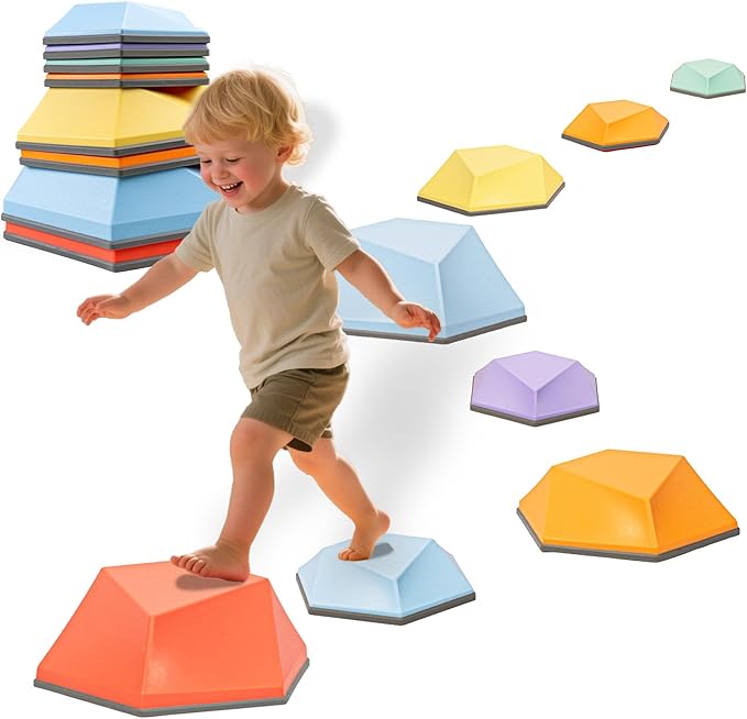 Kids Stepping Stones – 8 Piece Balance Blocks Set for Toddlers, Multicolor Balance Beam Path for Obstacle Course Play, Promotes Coordination & Motor Skills