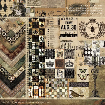 Dark Academia Scrapbook Paper Pad 6x6, Assorted Pattern Decopodge Cardstock Paper, Single-Sided Vintage Scrapbooking DIY Decorative Cardmaking Supplies, Junk Journaling Craft Paper-24Pcs