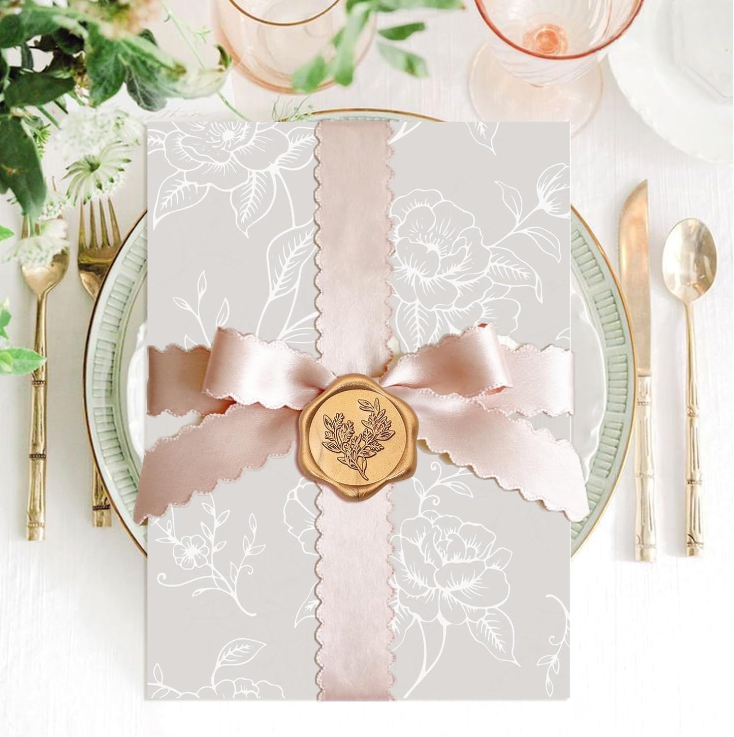 SWANGSA 50 Sets Wedding Invitations Wraps, Vellum Jackets for 5x7 Invitations & Self Adhesive Antique Gold Eucalyptus Wax Seal Stickers for Wedding Bridal Baby Shower Birthday Envelopes (White Rose)