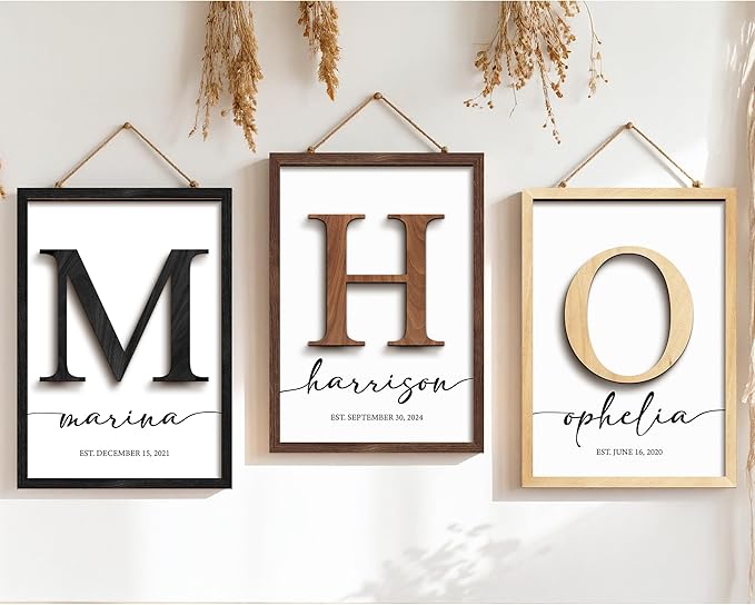 Personalized Family Name Sign, Custom Monogram Wooden Last Name Frame, Wedding Gifts for Couples, Birthday Gifts Mothers Day, Fathers Day, Family Home Sign Wall Decor for Living Room Bedroom