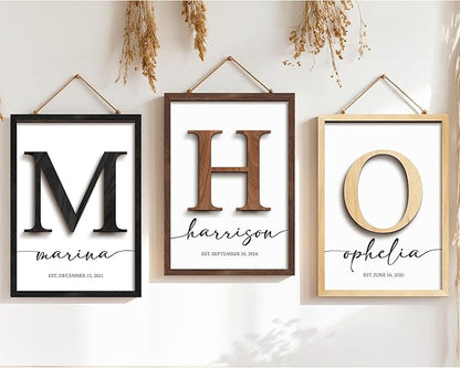 Personalized Family Name Sign, Custom Monogram Wooden Last Name Frame, Wedding Gifts for Couples, Birthday Gifts Mothers Day, Fathers Day, Family Home Sign Wall Decor for Living Room Bedroom