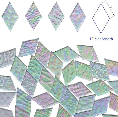 60 Pieces 1 Inch Each Side Diamond Shape(White Clear Iridescent) Stained Glass for DIY Crafts, Precut Mosaic Tiles Bulk - Mosaic Kits, Windows, Art Projects - Stained Glass Pieces for Beginners