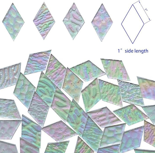 60 Pieces 1 Inch Each Side Diamond Shape(White Clear Iridescent) Stained Glass for DIY Crafts, Precut Mosaic Tiles Bulk - Mosaic Kits, Windows, Art Projects - Stained Glass Pieces for Beginners