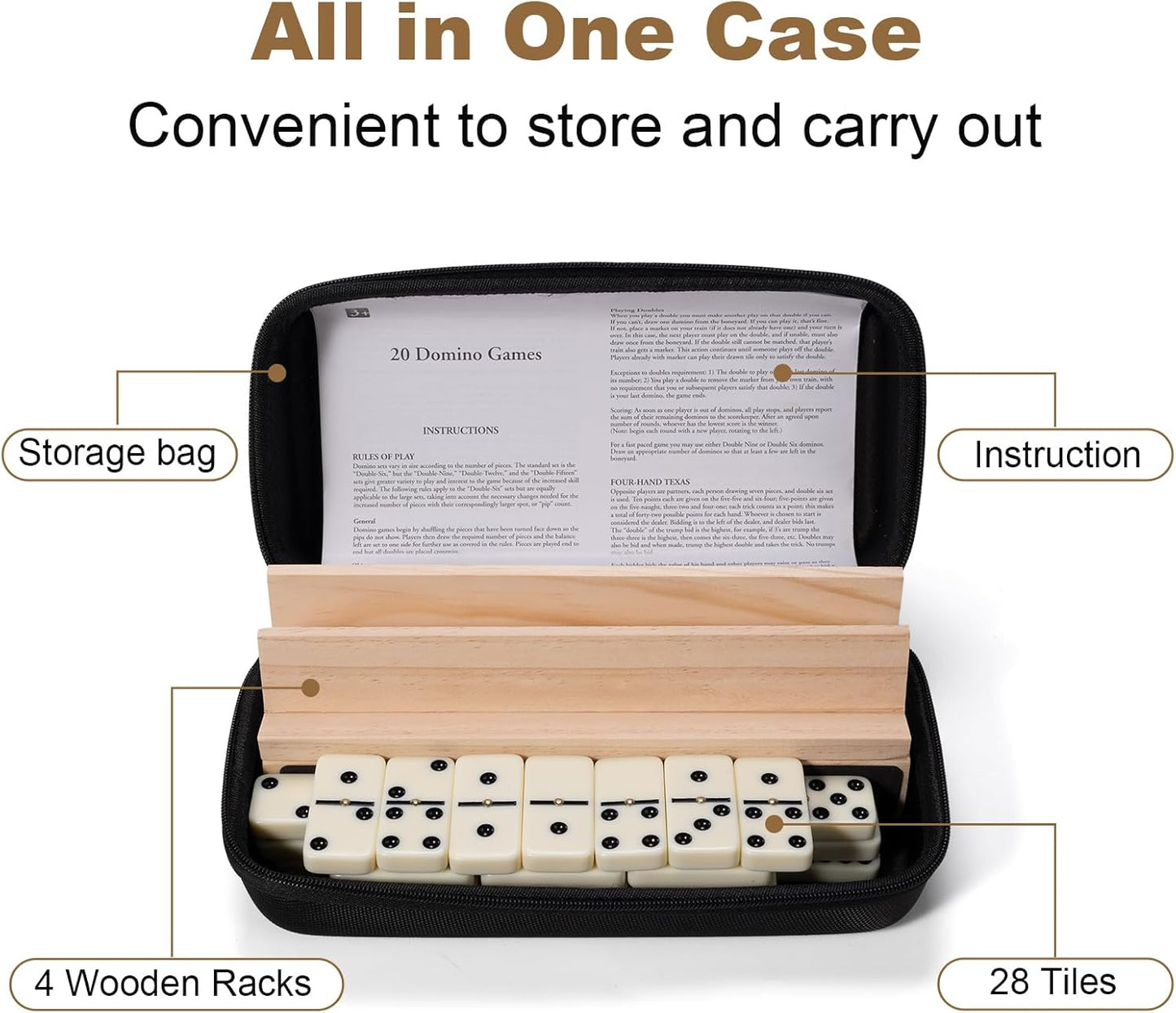 Dominoes Set for Adults, 28 Tiles with 4 Wooden Racks/Trays, Portable Double 6 Domino Game Set, Classic Board Game for Family Fun