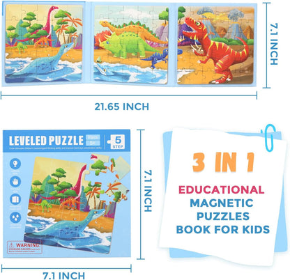 Magnetic Puzzles for Kids Ages 4-8, 3 in 1 Dinosaurs Magnet Jigsaw Puzzle Book, Toddlers Travel Puzzles Toys, Preschool Learning Toy for Kids 3-8 Year (Dinosaurs)