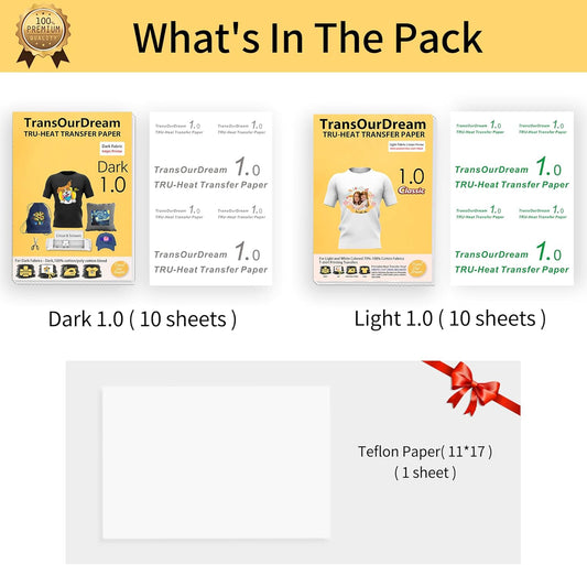 TransOurDream Tru-Heat Transfer Paper for Dark and Light T Shirts (10+10 Sheets, 8.5x11, Mix Pack) Printable Heat Transfer Vinyl for Fabrics Iron on Transfers for Inkjet Printer (D1L1)