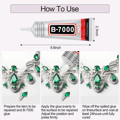 3 PCS 110ml B7000 Glue Clear with Precision Tip, B7000 Rhinestone Glue Set, Craft Glues with 5-Point Pen Tool, Crayon, and Tweezers, Fabric Glues is Used for Nails, Jewelry, Shoes, Fabrics