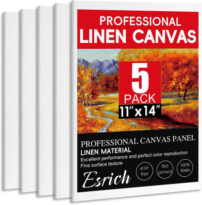 ESRICH Professional Linen Canvas for Painting, 5 Pack Linen Canvas Panels 11x14 Primed Acid Free Blank Canvas Boards for Painting for Artists, Painters