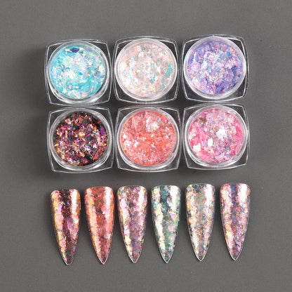 Holographic Iridescent Nail Art Glitter Flakes, 6 Colors Sparkly Ultra-Thin Aurora Foil Nail Art Flakes Designs, Opal Powder Nail Glitters Sequins Acrylic Supplies DIY Manicure Decorations