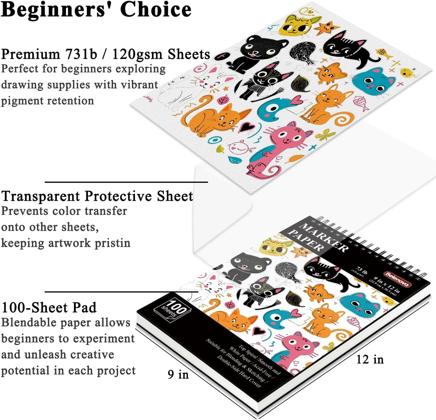 Belenova 9" x 12" Marker Paper Pad, 100 Sheets Bleedproof Sketchbook for Alcohol Markers - 73lb/120gsm Art Supplies for Drawing & Coloring (Kids/Adults). - Crafty Corner
