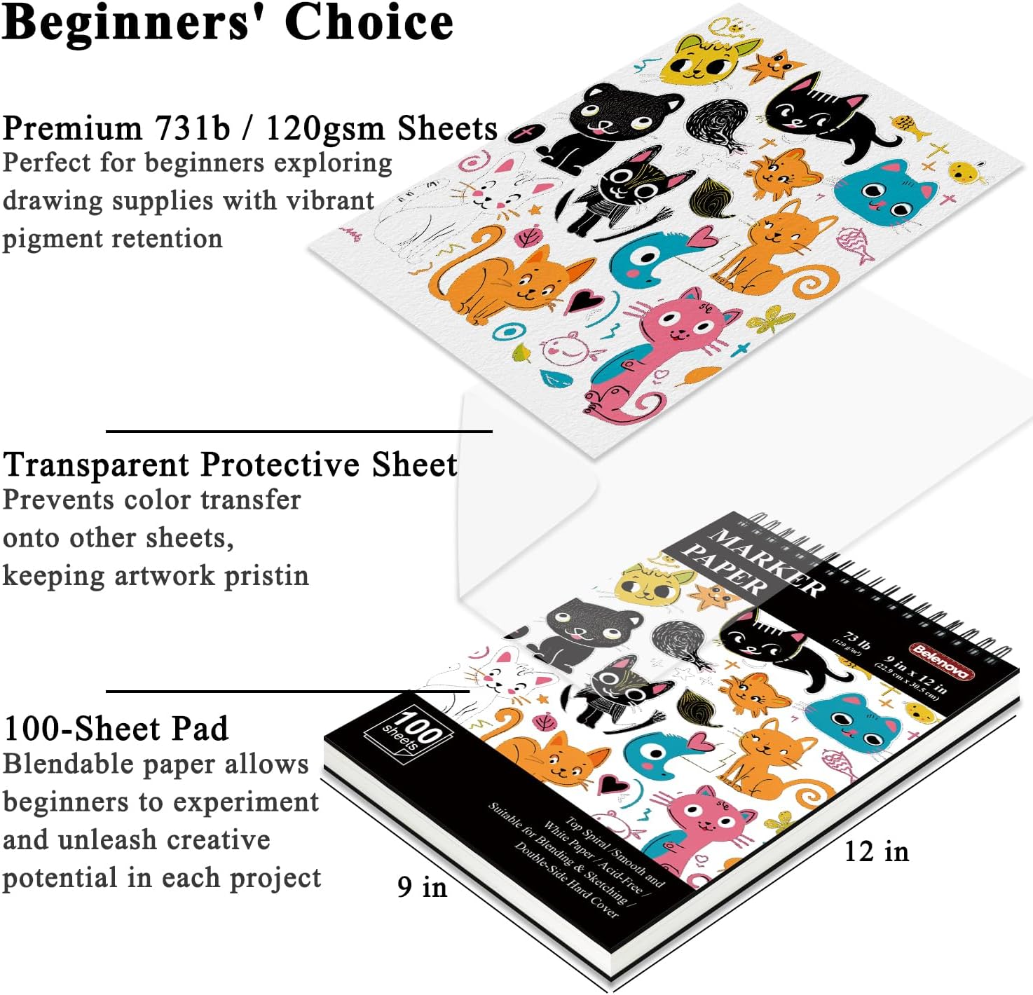 Belenova 9" x 12" Marker Paper Pad, 100 Sheets Bleedproof Sketchbook for Alcohol Markers - 73lb/120gsm Art Supplies for Drawing & Coloring (Kids/Adults). - Crafty Corner