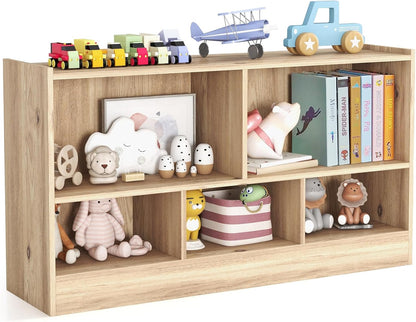KOTEK Kids Storage Organizer, 5 Cubby Kids Bookshelf, Wooden 2-Layer Bookcase Storage Cabinet, Toy Shelf for Daycare, Nursery, School Classroom, Playroom, Living Room & Bedroom (Natural, 5 Cubes)