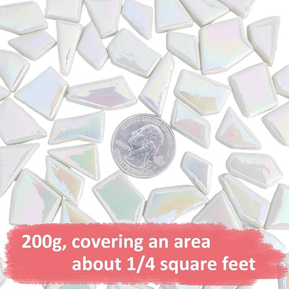 Youway Style Iridescent White Mosaic Tiles for Crafts Bulk,200g White Stained Glass Mosaic Supplies,Broken Glass Pieces for Garden Kit Crafts,DIY Mosaic Art