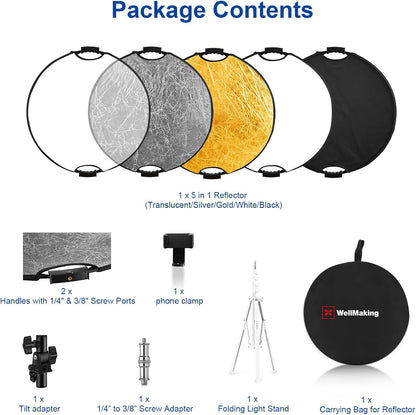 WELLMAKING 32''(80cm) Photography Reflector Dual Handle Collapsible 5-in-1 with Tilt Adapter Reflector, White Portable Stand and Pouch for Studio & Outdoor Lighting-Translucent,Silver,Gold,White&Black