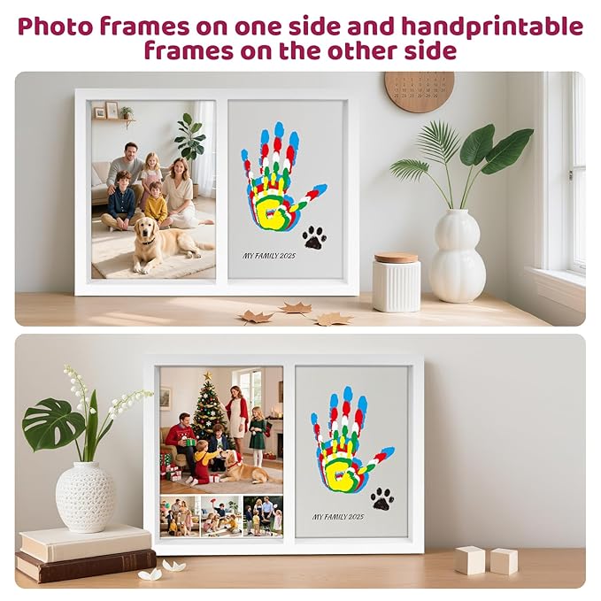 Family Handprint Kit, DIY Baby Hand and Footprint Handmade Keepsake Wooden Frame with 6 Non-Toxic Baby-Safe Paint, Family Gifts Ideas Gift for New Parents, Grandparents, Father's Day, Mother's Day