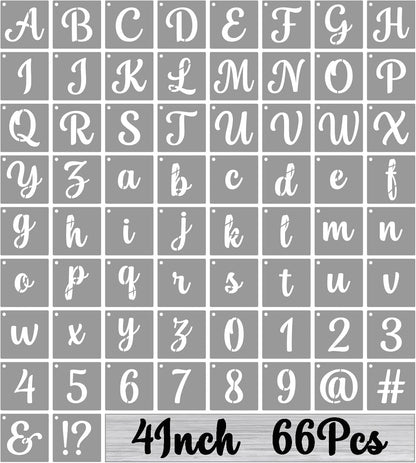 BAMIDELE 4 Inch Alphabet Letter Stencils for Painting, 66 Pcs Reusable Plastic Calligraphy Letter Stencils and Numbers Template Kit for Painting on Wood, Chalkboard, Fabric, Door Porch, Wall Art