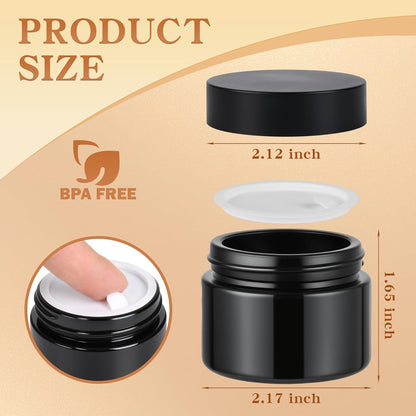 Glass Jars with Lids,Eco-Friendly Cosmetic Containers with Airtight Black Lids & Liners, Multi-Color Options for Cream, Lotion, Body Butter, DIY Skincare Travel Jars (Black, 2oz)