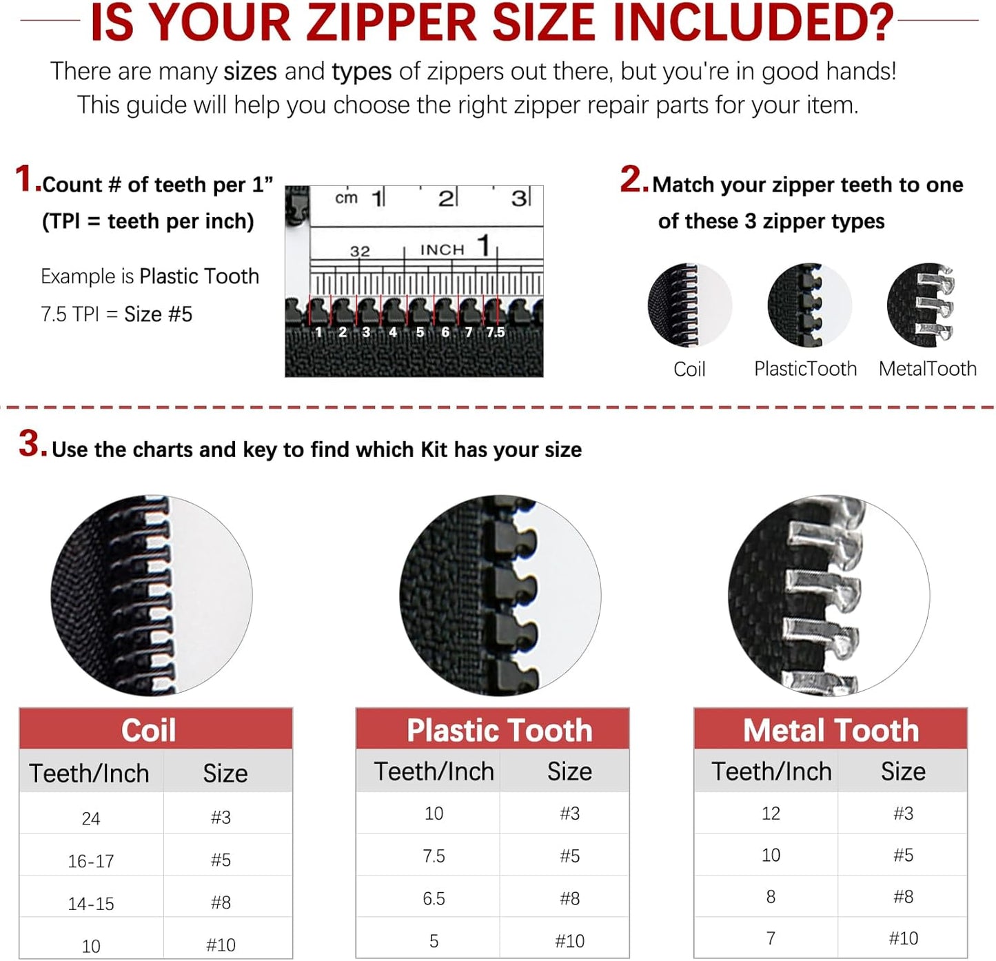 Zipper Repair Kit (188 Pcs) - Universal Fixer for Luggage, Backpacks, Jackets, Coats & Boots Includes #3#5#8#10 Sliders, Zipper Pull Replacement, Stops & Repair Tool（Non-YKK Compatible）