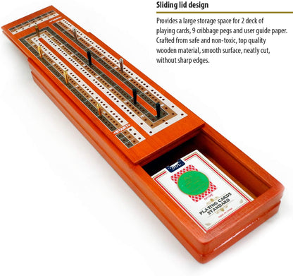 ERLLE - Wooden Cribbage Board Game Set, Continuous 3 Track Wooden Board, 9 Metal Pegs, 2 Decks of Cards, Sliding Lid and Storage, Unique Cribbage Boards,Travel Portable Cribbage Game Sets