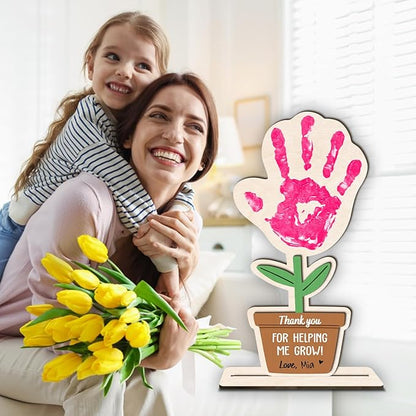 DIY Mothers Day Handprint Flower Pot Craft Wooden Hanging Sign, Baby's First Mothers Day Flower Handprint Keepsake Gift, Unique Gifts for 1st New Mom Crafts from Kids Foot Prints for Grandma Mom Mommy