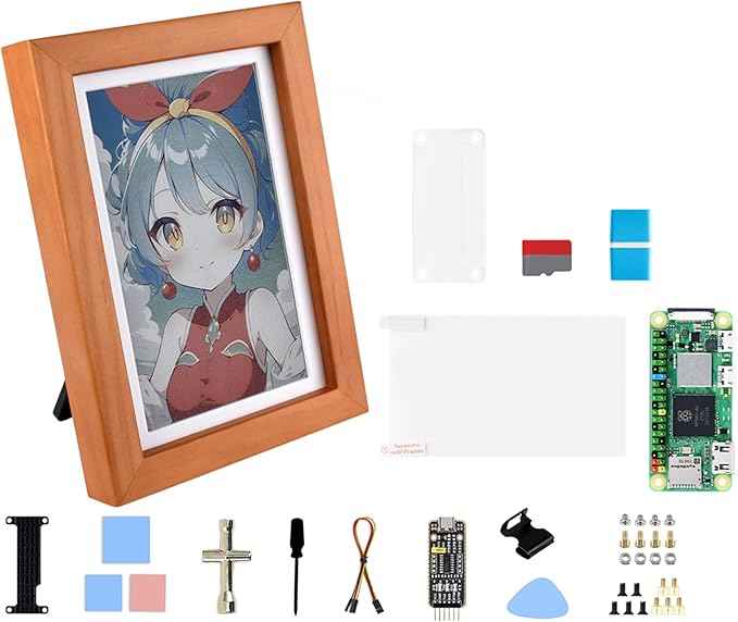 7.3inch E6 Full Color E-Paper with Solid Wood Photo Frame, 800×480 Resolution, Compatible with Raspberry Pi Zero, Ultra-Long Standby, Bundle with Pi Zero 2 WHC, with Batt.