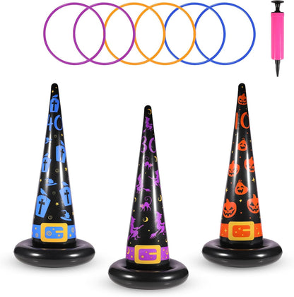 Halloween Ring Toss Game Set, 5Pcs Inflatable Witch Hats with 10Pcs Colorful Plastic Rings and Air Pump for Halloween Party Games Super Fun Indoor Outdoor Party Supplies