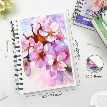 KOVIEDE 100% Cotton Watercolor Paper Pad - 3 Pack (90 Sheets) 5.5"x8.5" Cold Press, 140lb/300gsm Spiral Bound Watercolor Sketchbook, Artist Quality Art Journal Supplies for Adults, Kids & Beginners