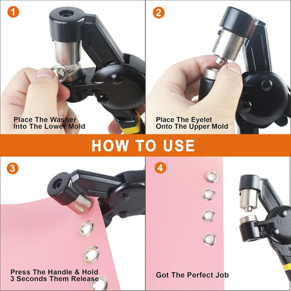 Grommet Tool Kit, Eyelet Tool Multi-Purpose Handheld Manual Hole Punch Rivet Press Plier Crimper 3 Interchangeable Dies with 900 Set 7/32" 5/16" 3/8" Metal Grommets Washers