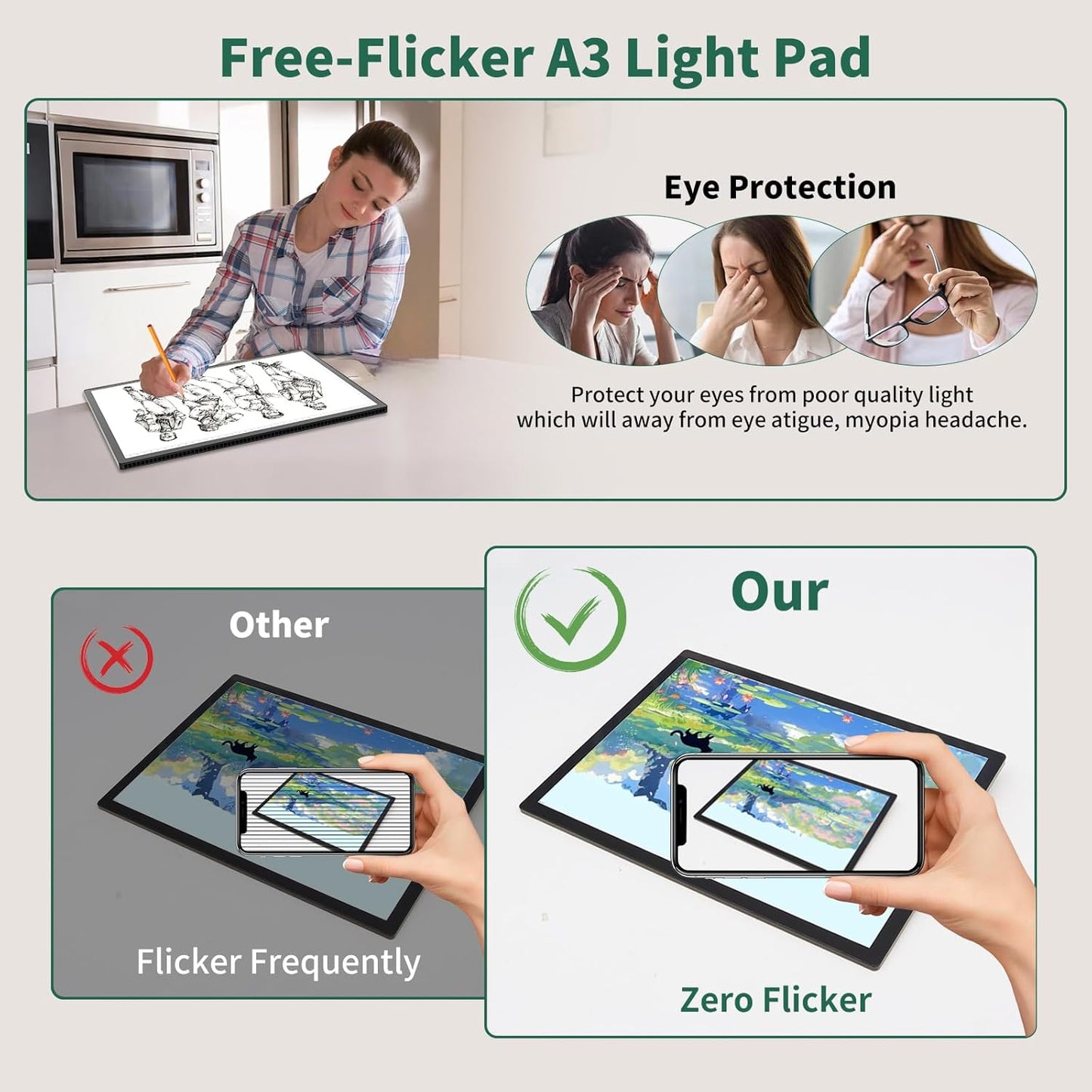 HIUKCOLED A3 Built-in Tilt Stand Light Tracing Box, 6-level＆Stepless Dimmable Adjustable Brightness Light Pad with 3 Colors,Battery Powered LED Light Board for Drawing,Diamond Painting,Sketching,X-Ray