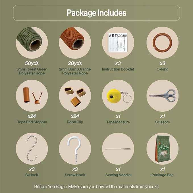 Macrame Kits for Beginners, 3 Set of Plant Hangers DIY Kit: Braided Polyester Ropes 50yds*5mm Forest Green, 20yds*2mm Burnt Orange, 60+Pcs Supplies with Step-by-Step Easy Instructions (GROR)