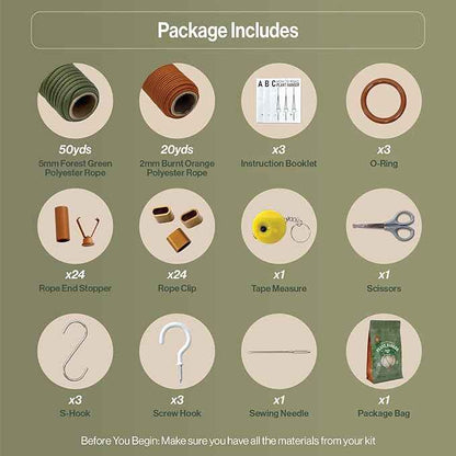 Macrame Kits for Beginners, 3 Set of Plant Hangers DIY Kit: Braided Polyester Ropes 50yds*5mm Forest Green, 20yds*2mm Burnt Orange, 60+Pcs Supplies with Step-by-Step Easy Instructions (GROR)