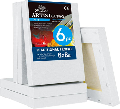 PHOENIX 6x8 Inch 6 Pack Artist Canvas - Small Stretched Canvases for Painting - 3/4 Inch Profile, 100% Cotton 11 Oz. Gesso Primed White Blank Professional Canvas Oil & Acrylic Paints