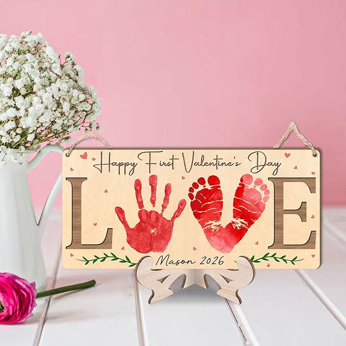 Love Happy First Valentine's Day Wooden Sign, DIY Baby's First Valentine Footprint Handprint Sign, Milestone Art Craft, 1st Valentines Keepsake, Gifts for New Mom, Dad, Newborn Baby Kid Toddler