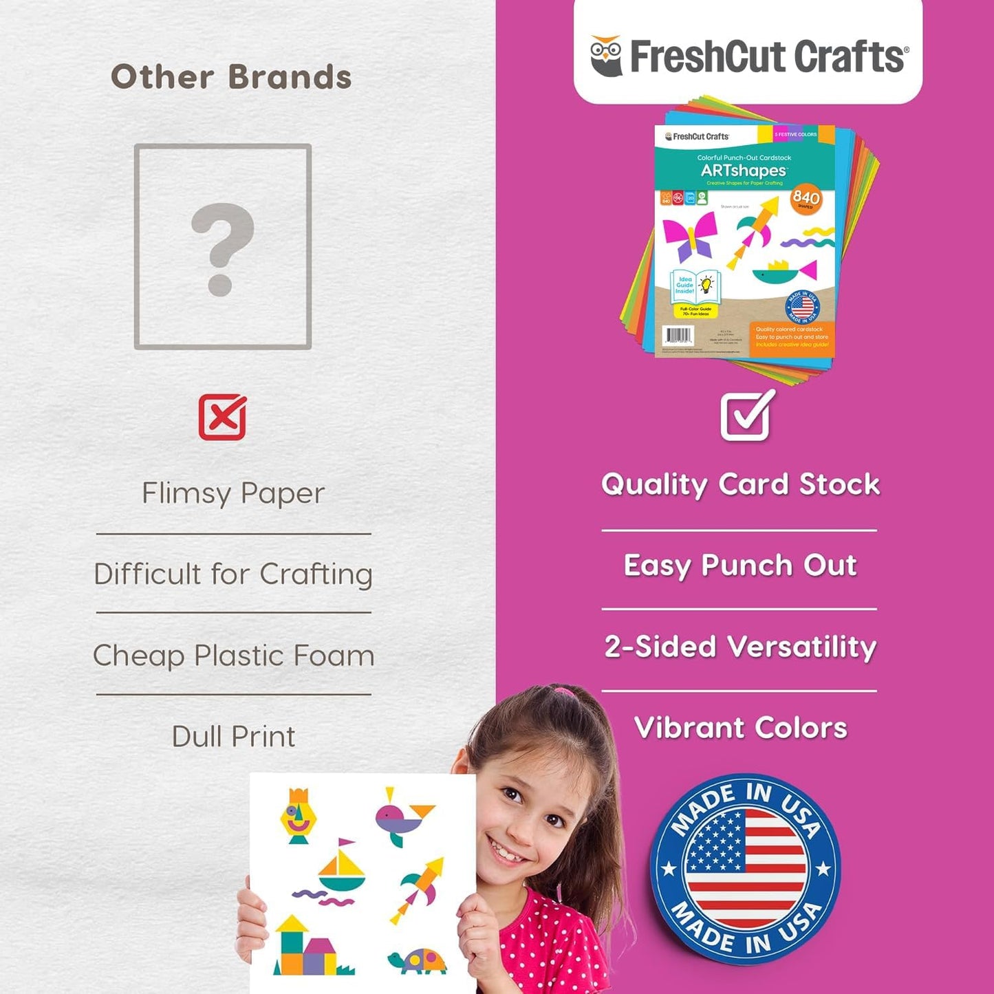 ARTshapes 840 pc Creative Paper Shapes Pack with 70+ Idea Guide - US Made Card Stock - Punch Out Funky DIY Craft Supplies for Whimsical Art Designs, Paper Crafts, and Pattern Play 5 Festive Colors - Crafty Corner