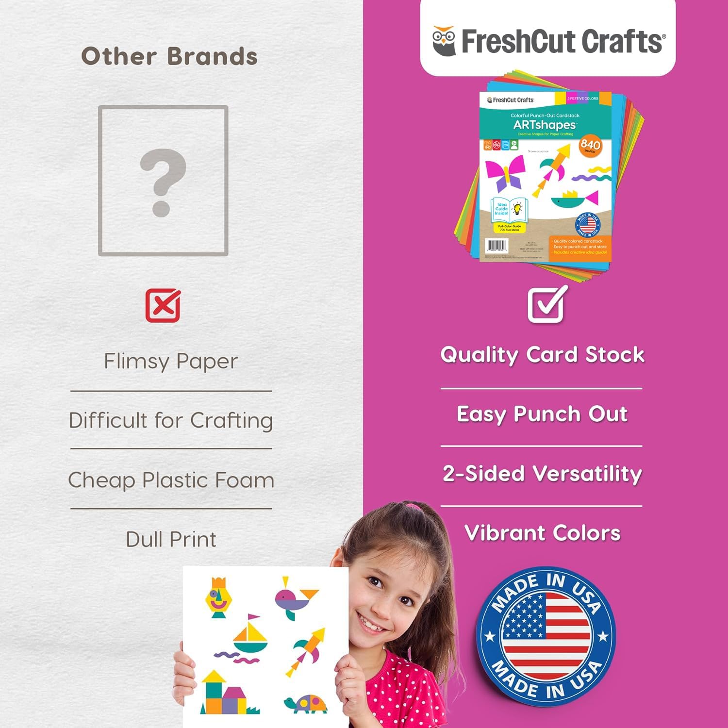 ARTshapes 840 pc Creative Paper Shapes Pack with 70+ Idea Guide - US Made Card Stock - Punch Out Funky DIY Craft Supplies for Whimsical Art Designs, Paper Crafts, and Pattern Play 5 Festive Colors - Crafty Corner