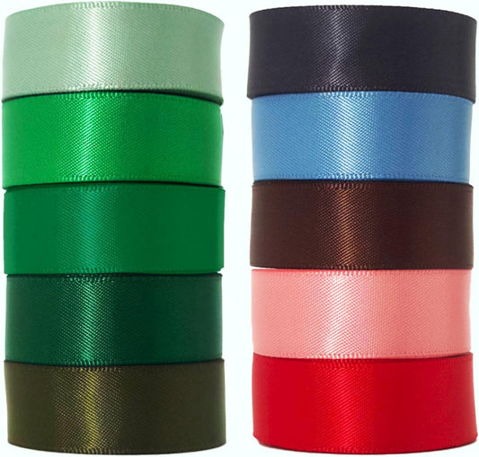 Assorted Green Satin Ribbon 1 Inch Set, 50 Yards Double Faced Pack, Into The Forest 10 Colored Ribbon Bulk for Gift Wrapping, Crafts, Flower Bouquet, Eco Environment, Earthy Day, Forest Wedding - Crafty Corner