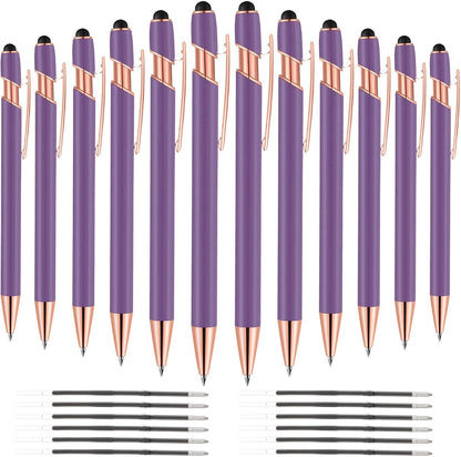 12 PCS 2 in 1 Stylus Ballpoint Pen with Stylus Tip, 1.0 mm Black Ink Metal Pen Stylus Pen for Touch Screens (Light Purple)