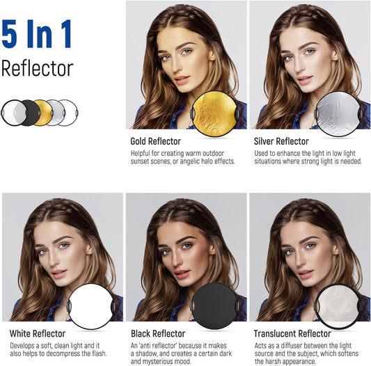 NEEWER 22"/56cm Light Reflector with Handle Grip with 3/8" Thread, 5 in 1 Collapsible Disc Light Diffuser Translucent/Silver/Gold/White/Black for Photography Lighting, Outdoor Lighting, RF-56II