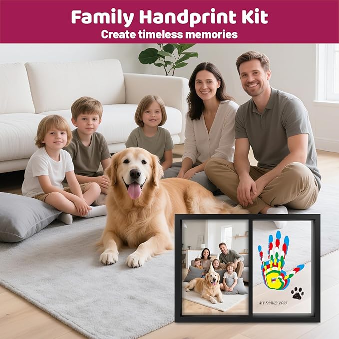 Family Handprint Kit, DIY Baby Hand and Footprint Handmade Keepsake Wooden Frame with 6 Non-Toxic Baby-Safe Paint, Family Gifts Ideas Gift for New Parents, Grandparents, Father's Day, Mother's Day